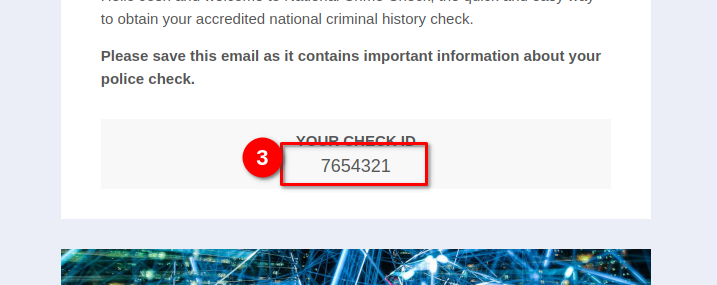 Screenshot of a welcome email showing the check id number