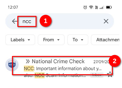 Gmail search form with search box containing