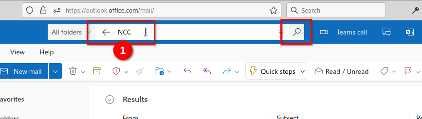 Screenshot of the search box in Outlook showing the words